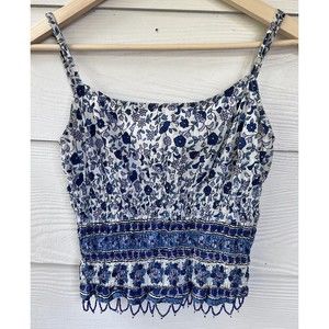 Vintage Magazine Cropped Shirred Floral Tank Top Beaded Bottom Trim Size Large
